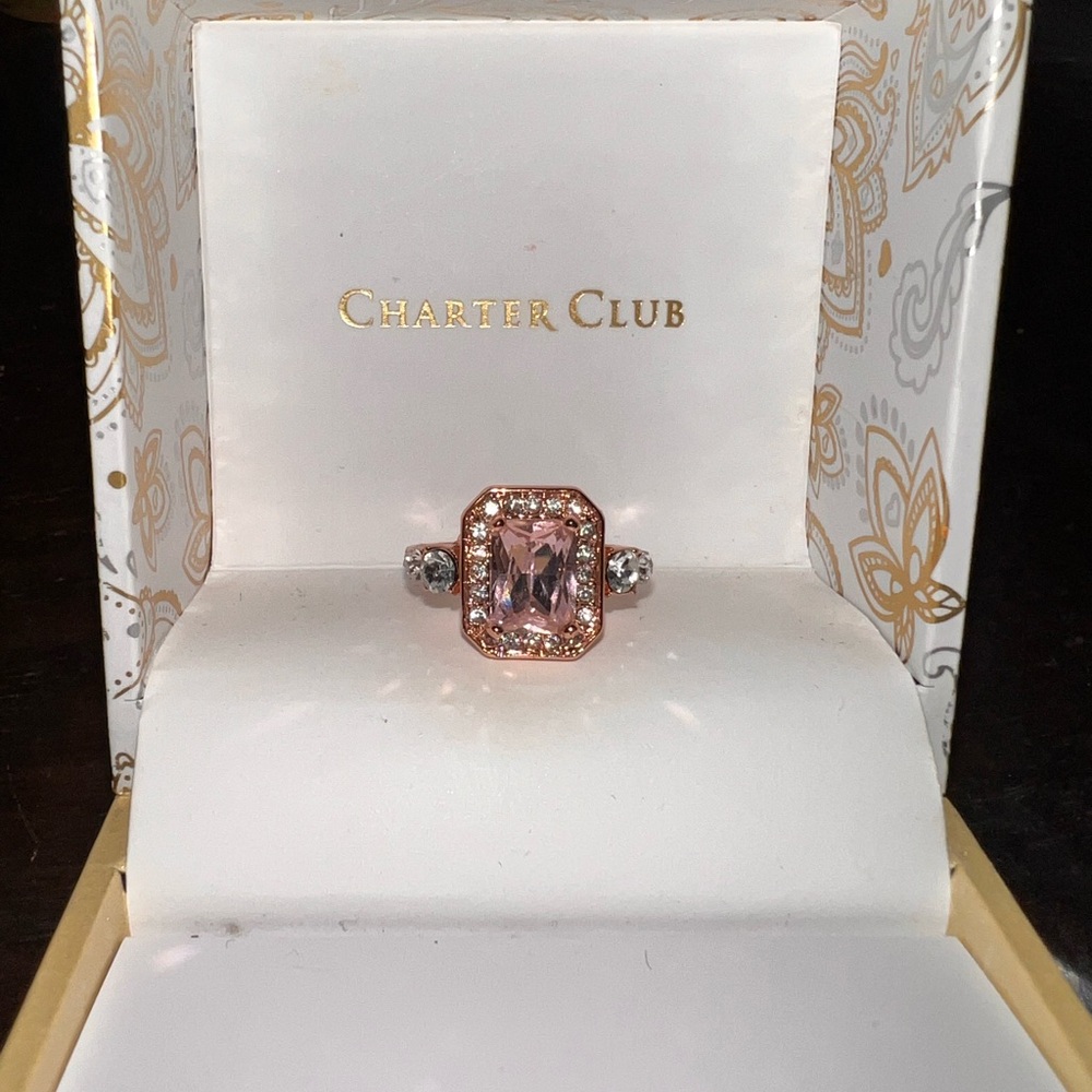 Charter Club Pavé & Crystal Stone Emerald Cut 18K Rose Gold Plate Size 5